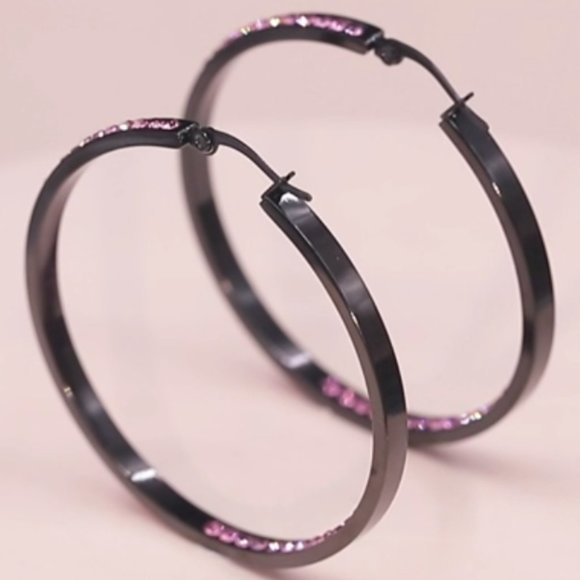 Black Metal Pink Rhinestone Hoop Earrings Faceted Crystal Channel Hoops Sparkle - Picture 9 of 12